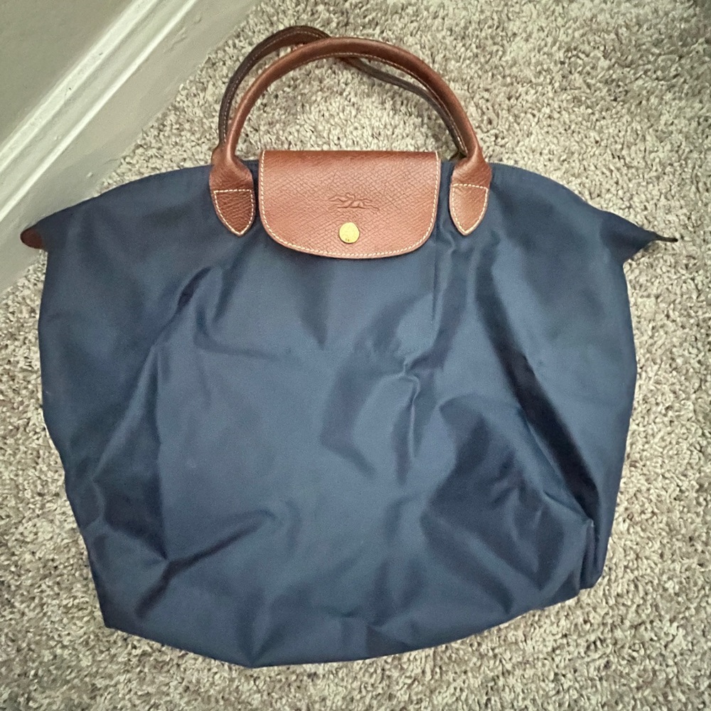 LONGCHAMP Le Pliage Medium Nylon Hand Bag Tote Navy Blue With Small Handles